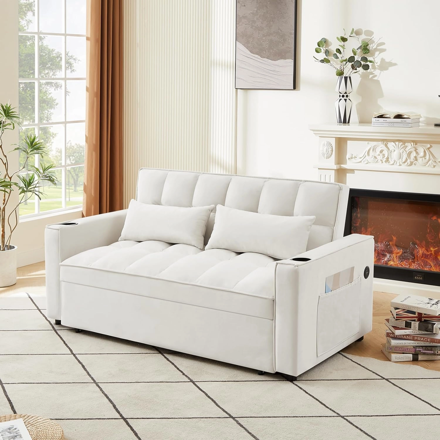 ERYE 3-in-1 Loveseat Sofa Convertible Full Size Sleeper Couch Bed with Pull Out Sleep Daybed & Reclining Backrest, Love Seat Sofabed W/Cupholders and USB Ports for Home Apartment RV Living Room