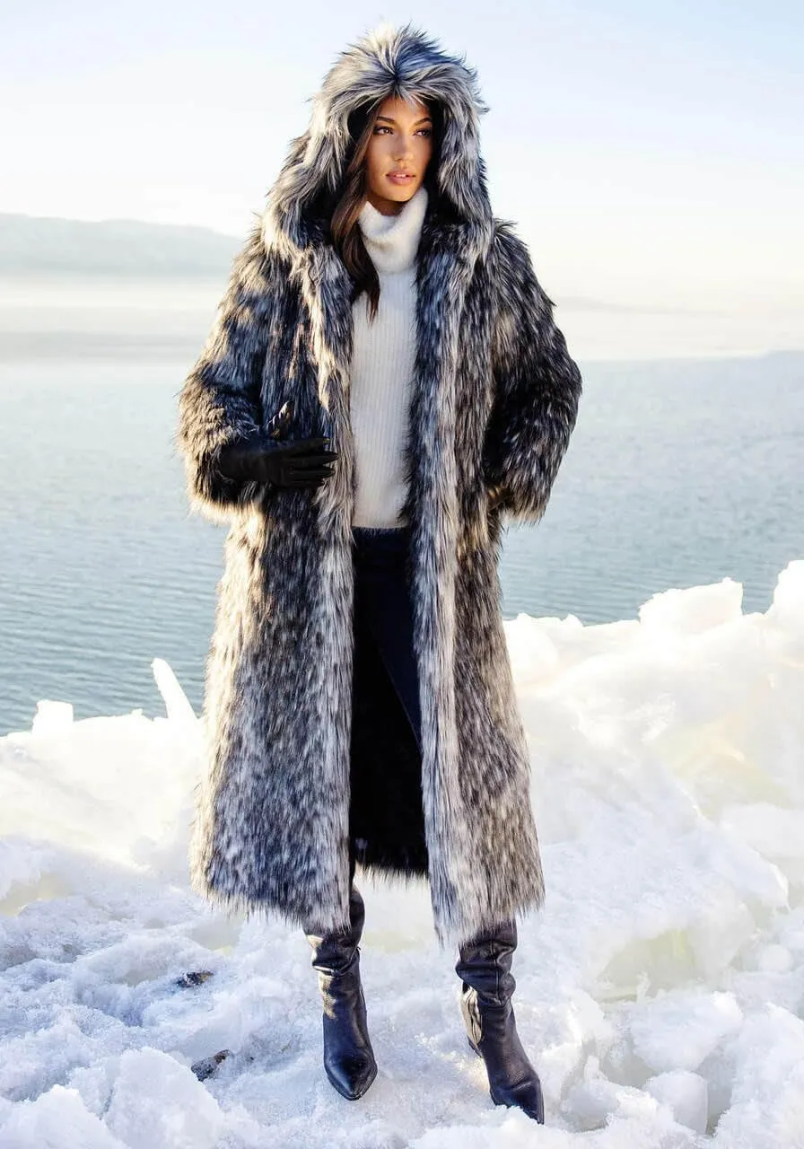 Fabulous-Furs Donna Salyers Smokey Fox Hooded Full-Length Faux Fur Coat