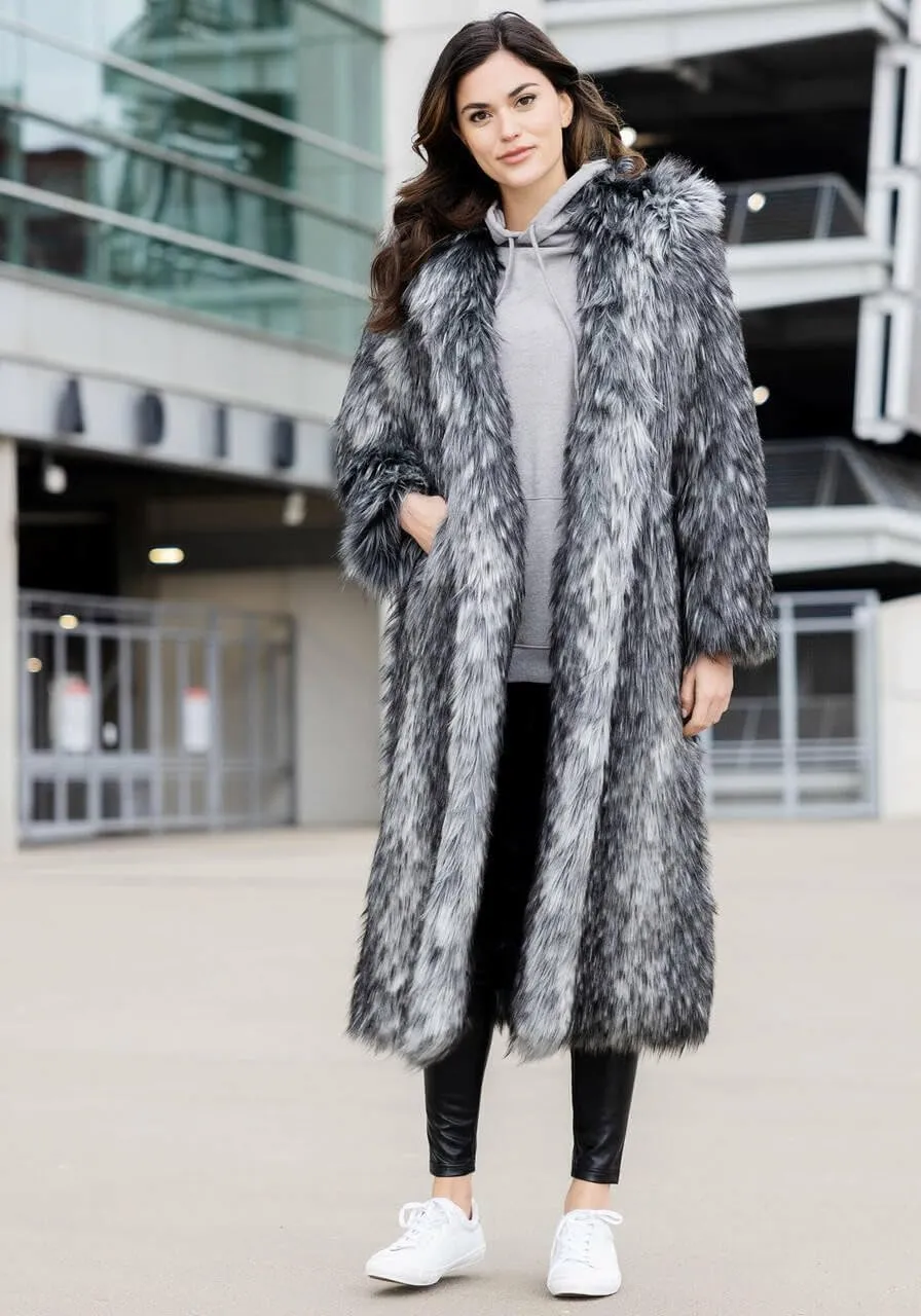 Fabulous-Furs Donna Salyers Smokey Fox Hooded Full-Length Faux Fur Coat