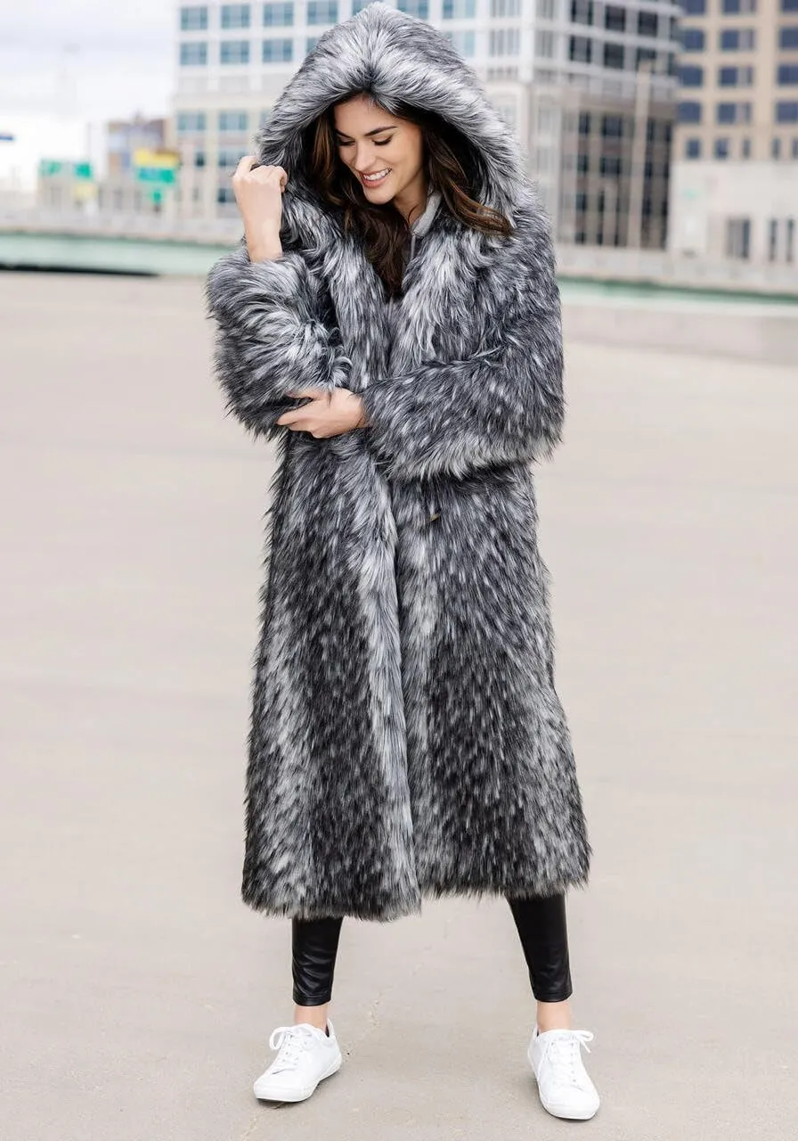 Fabulous-Furs Donna Salyers Smokey Fox Hooded Full-Length Faux Fur Coat