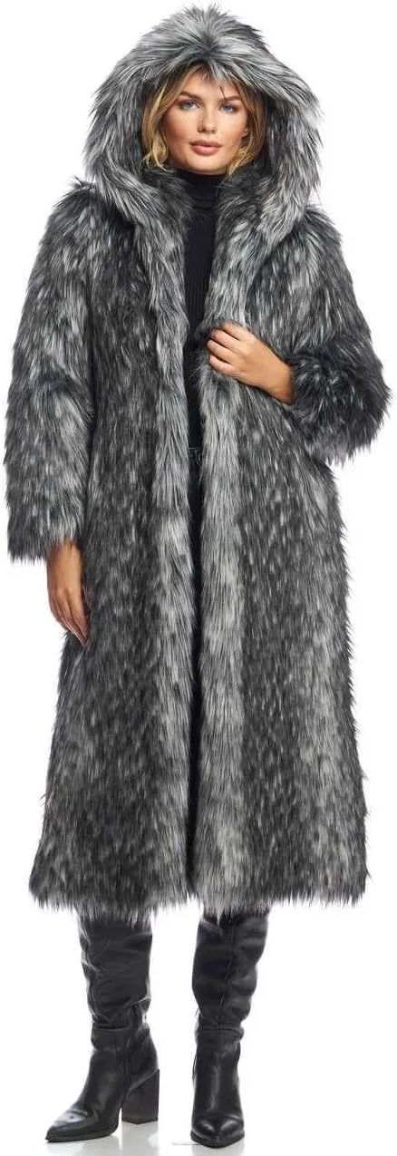 Fabulous-Furs Donna Salyers Smokey Fox Hooded Full-Length Faux Fur Coat