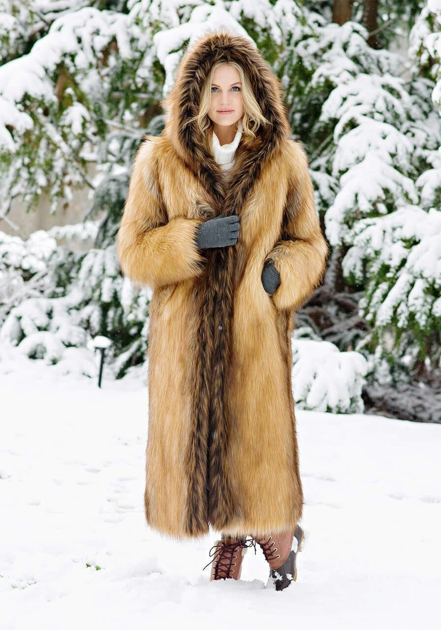 Fabulous-Furs Donna Salyers Smokey Fox Hooded Full-Length Faux Fur Coat