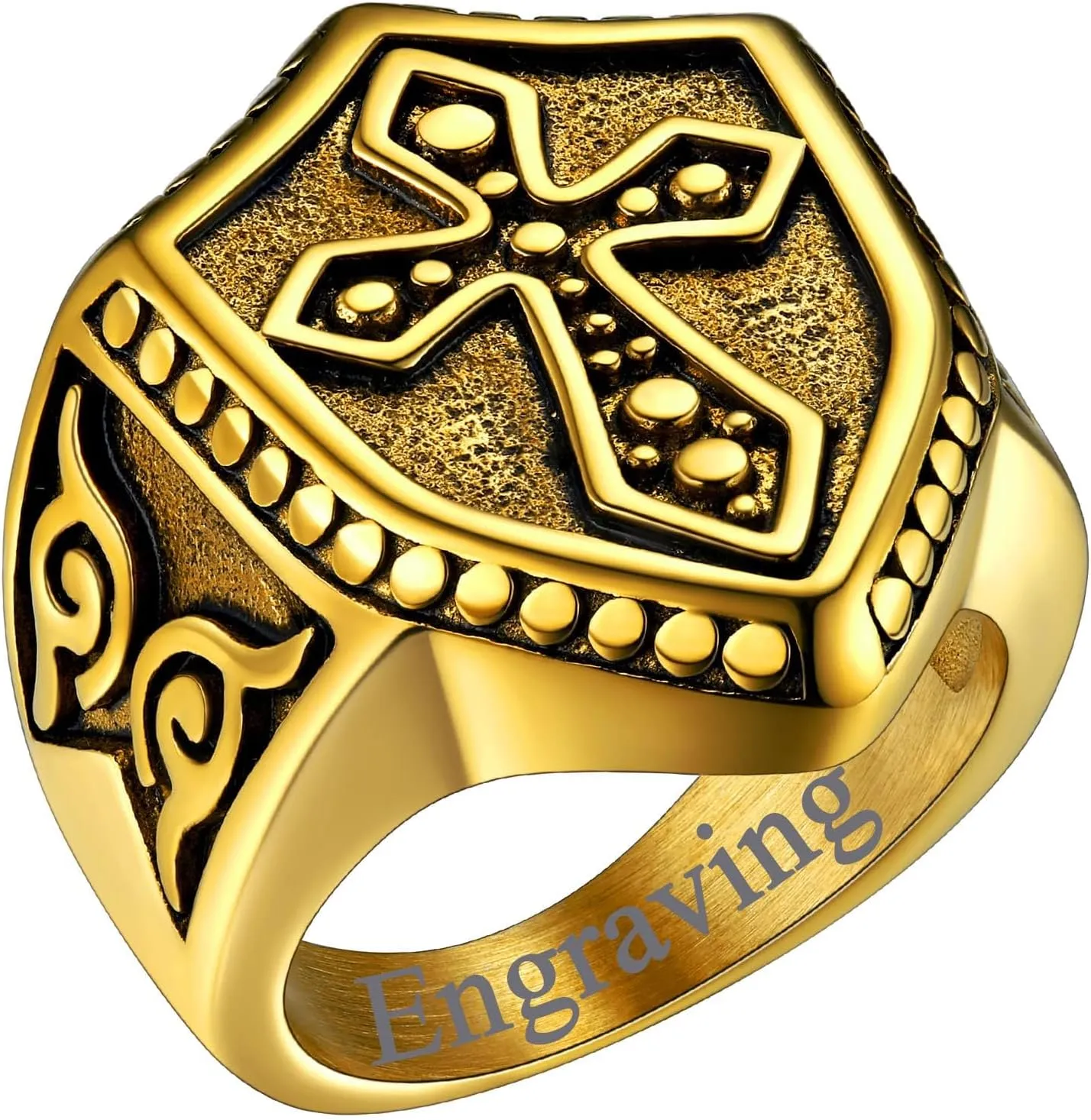 FaithHeart Mens Stainless Steel Crusader Jerusalem Cross Ring with 18K Gold Plated Two Tone Ring Size 7,8,9,10,11,12
