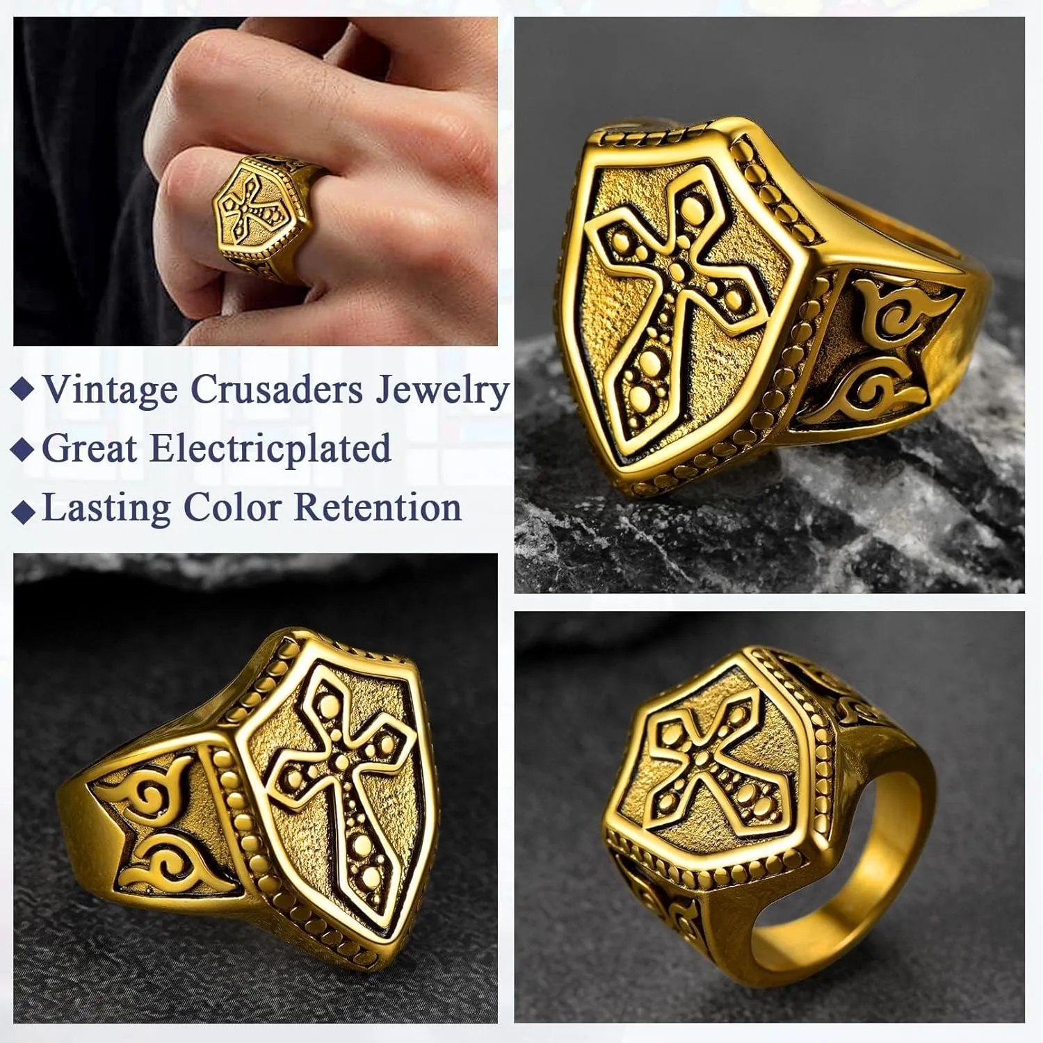 FaithHeart Mens Stainless Steel Crusader Jerusalem Cross Ring with 18K Gold Plated Two Tone Ring Size 7,8,9,10,11,12
