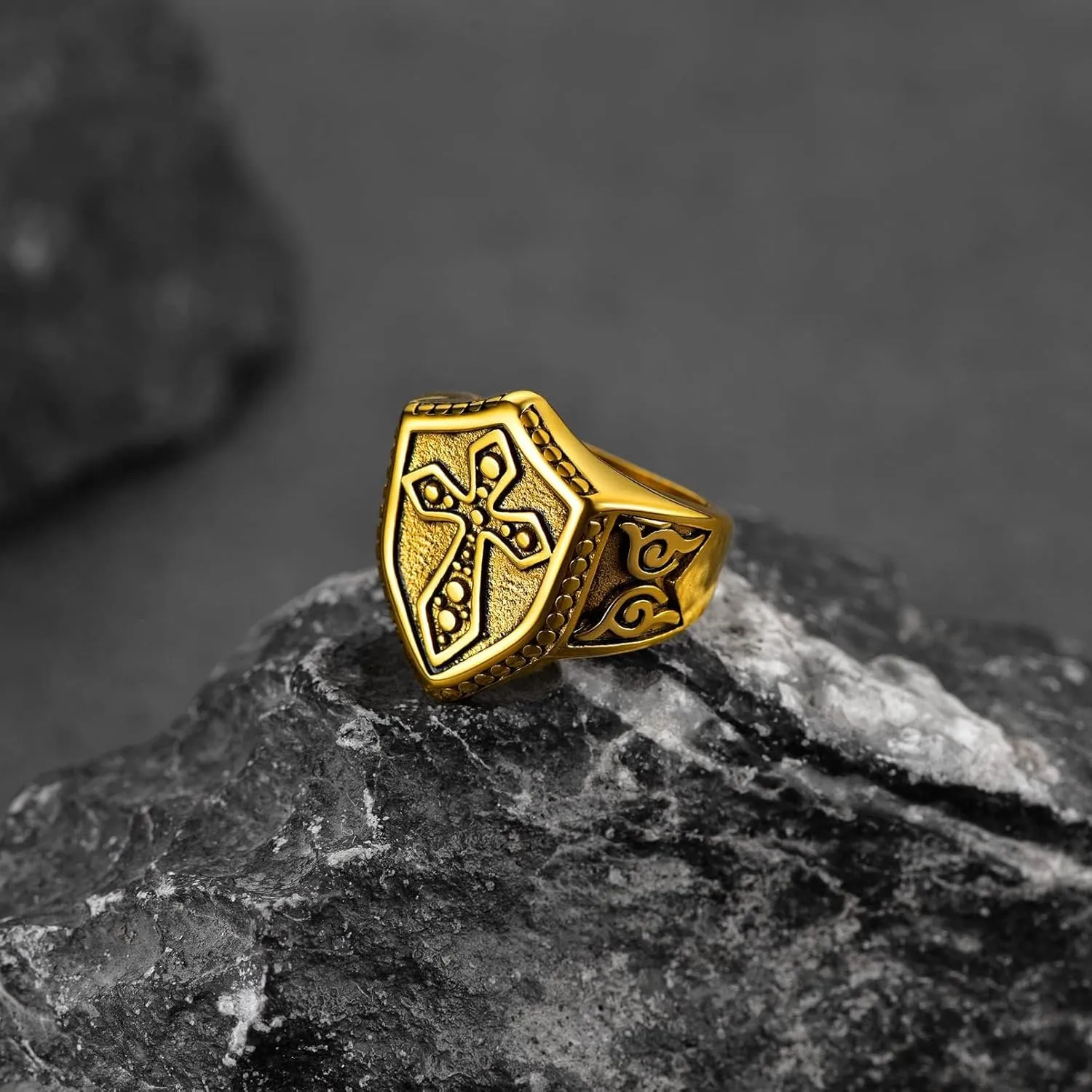 FaithHeart Mens Stainless Steel Crusader Jerusalem Cross Ring with 18K Gold Plated Two Tone Ring Size 7,8,9,10,11,12