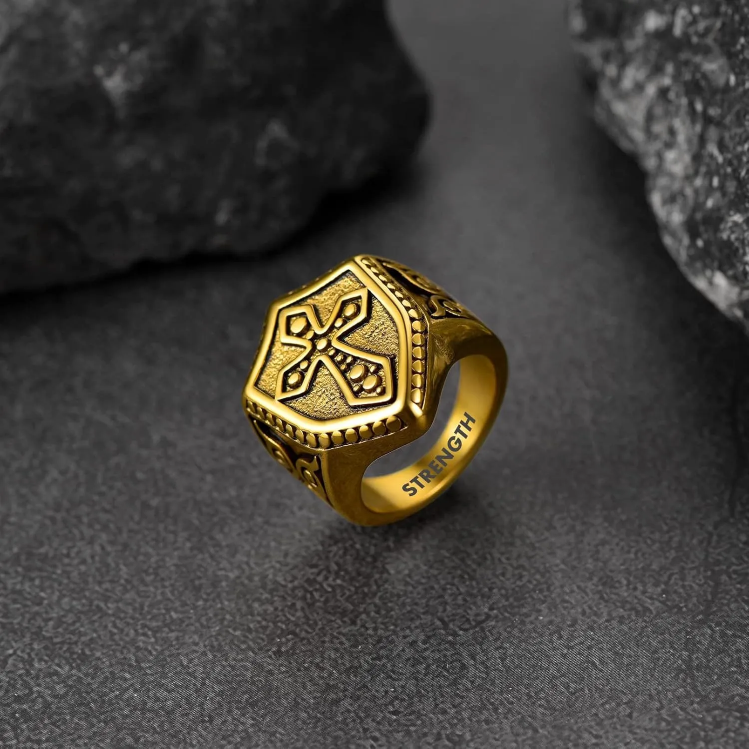 FaithHeart Mens Stainless Steel Crusader Jerusalem Cross Ring with 18K Gold Plated Two Tone Ring Size 7,8,9,10,11,12