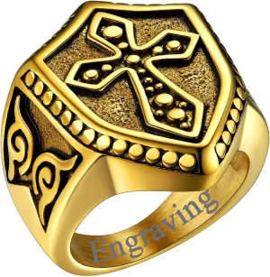 FaithHeart Mens Stainless Steel Crusader Jerusalem Cross Ring with 18K Gold Plated Two Tone Ring Size 7,8,9,10,11,12