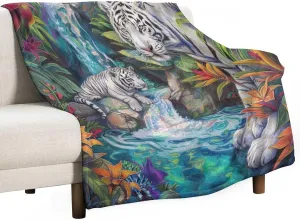 Fantasy Jungle Stream Blanket, Soft Fuzzy Flannel Floral Tree Tiger Animal Throw Blanket for Sofa Couch Bed, Picnic, 50x60 Inch