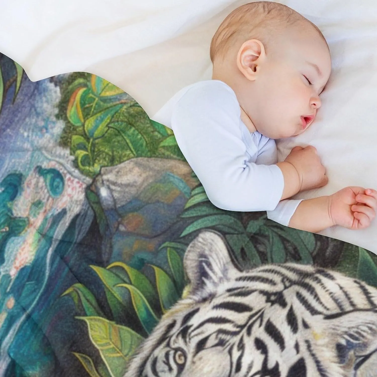 Fantasy Jungle Stream Blanket, Soft Fuzzy Flannel Floral Tree Tiger Animal Throw Blanket for Sofa Couch Bed, Picnic, 50x60 Inch