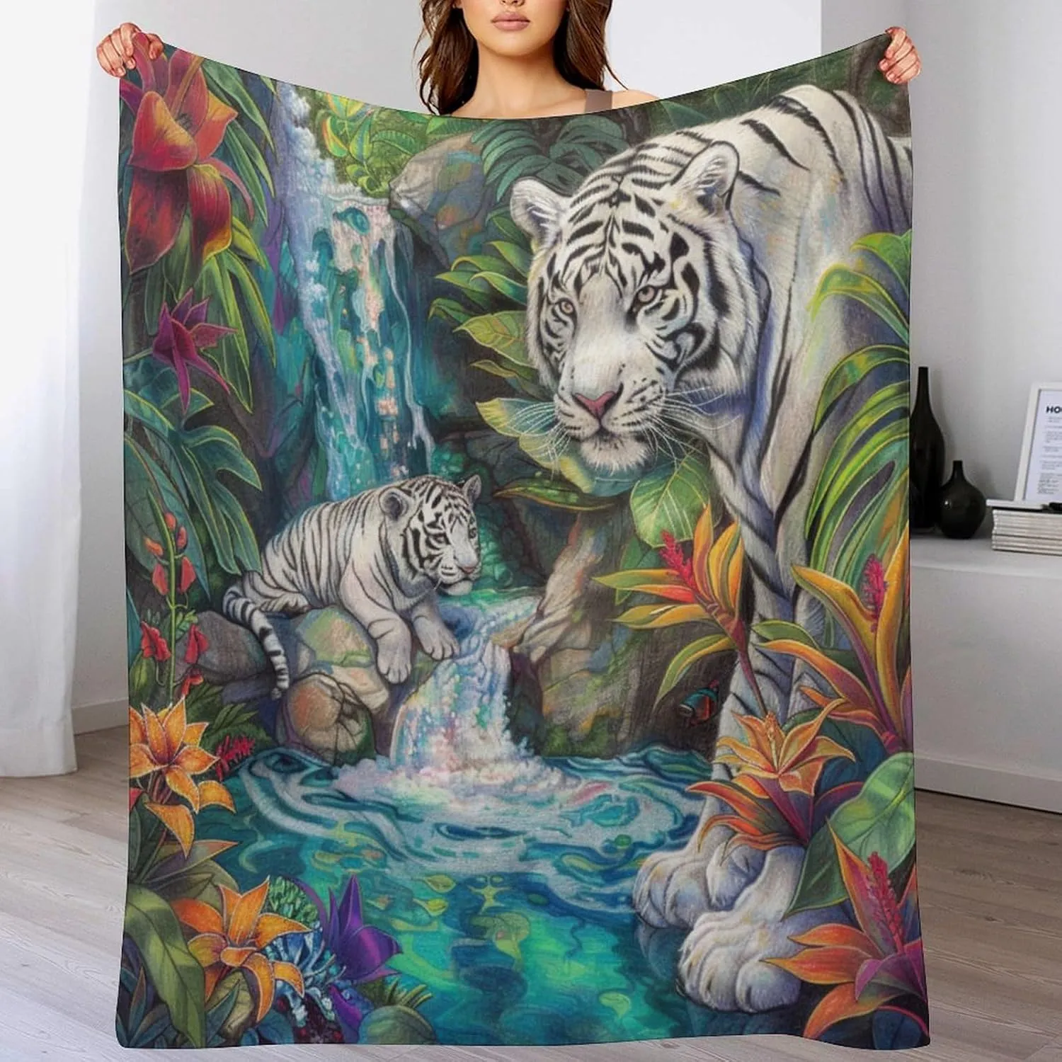 Fantasy Jungle Stream Blanket, Soft Fuzzy Flannel Floral Tree Tiger Animal Throw Blanket for Sofa Couch Bed, Picnic, 50x60 Inch