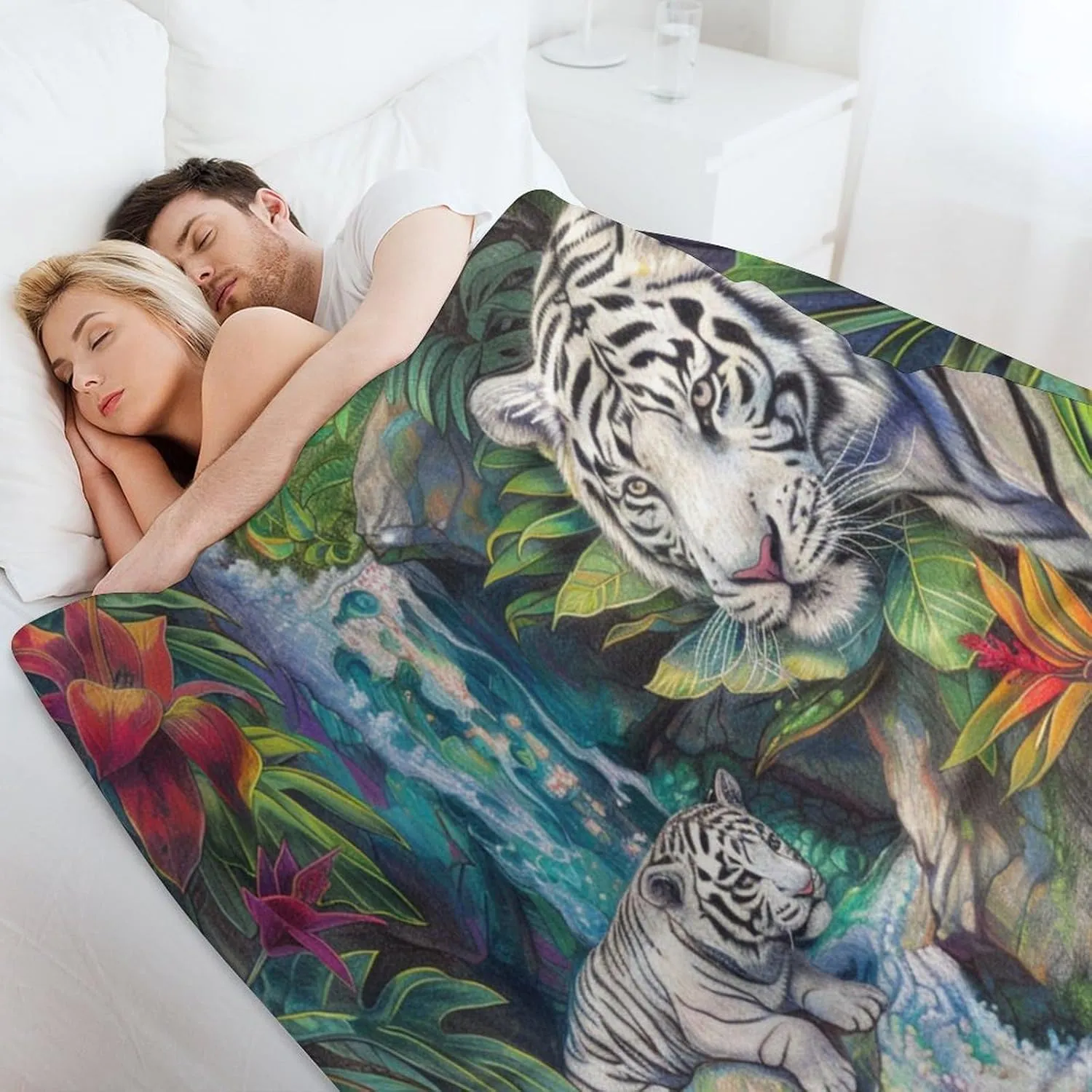 Fantasy Jungle Stream Blanket, Soft Fuzzy Flannel Floral Tree Tiger Animal Throw Blanket for Sofa Couch Bed, Picnic, 50x60 Inch