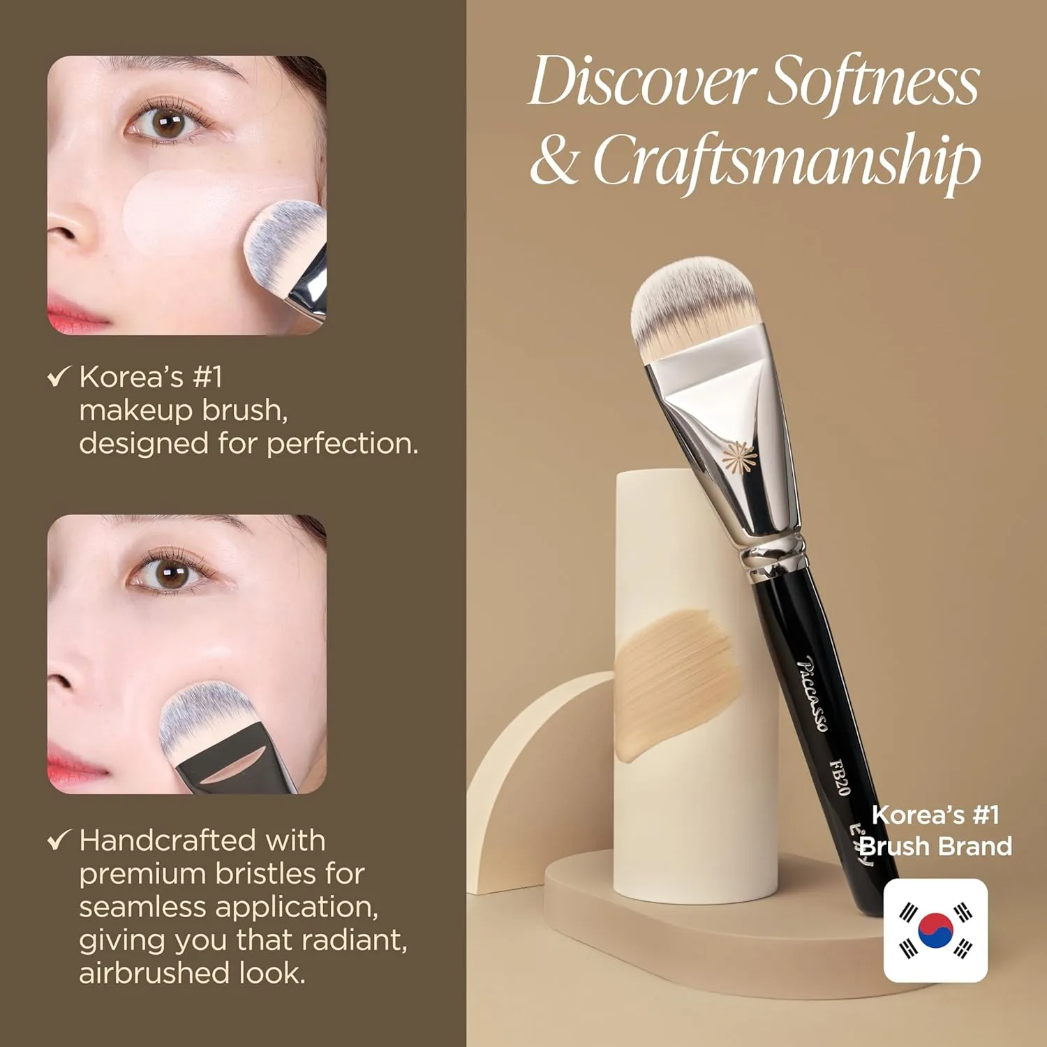 FB20 Foundation Brush – Flat Makeup Brush for Liquid & Cream Foundation, Soft Synthetic Bristles for Seamless and High-Coverage Face Makeup, Professional Korean Beauty Tool for Daily Use