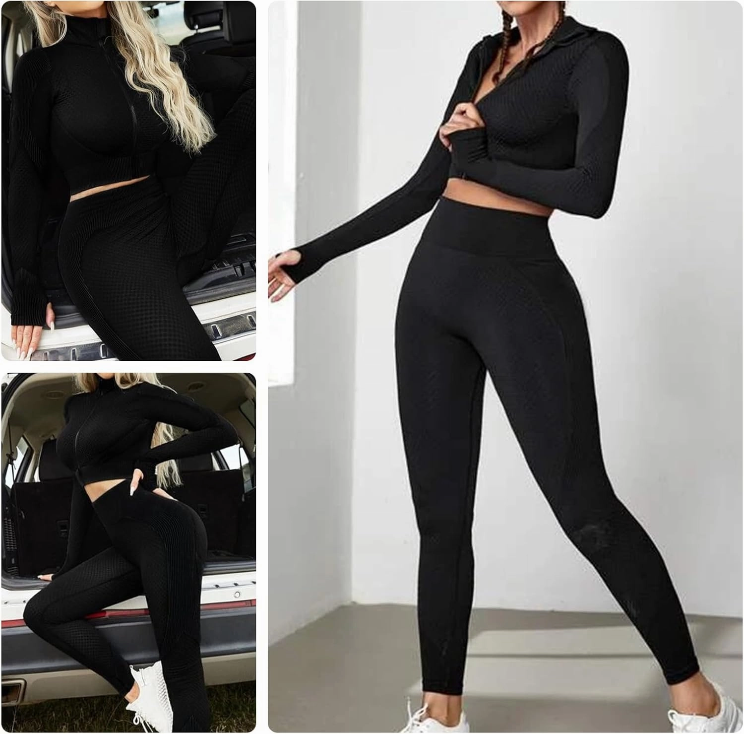 FeelinGirl Workout Sets for Women-2 Piece Seamless Yoga Outfit High Waist Leggings Crop Top Gym Sets