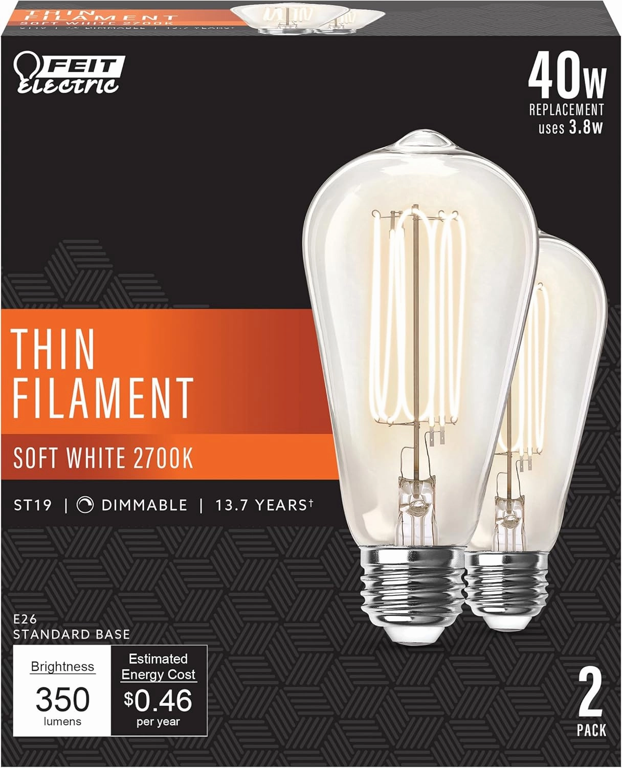 Feit Electric ST19 Vintage Edison LED Light Bulb, 40W Equivalent, Dimmable, 2700K Soft White, E26 Base, Clear Glass Thin Filament Lighting Bulbs, 15,000-Hour Lifetime, ST1940/927CATFIL/2, 2 Pack