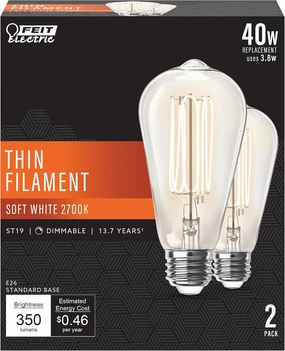 Feit Electric ST19 Vintage Edison LED Light Bulb, 40W Equivalent, Dimmable, 2700K Soft White, E26 Base, Clear Glass Thin Filament Lighting Bulbs, 15,000-Hour Lifetime, ST1940/927CATFIL/2, 2 Pack