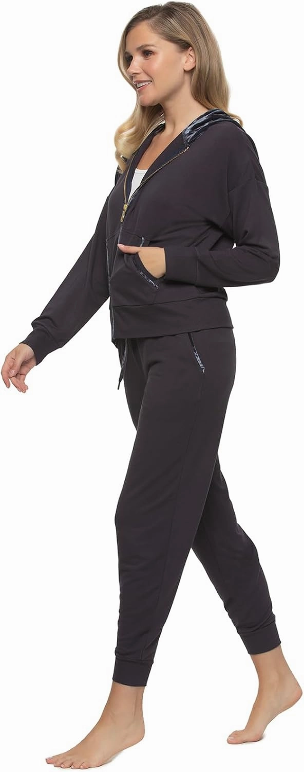Felina - Aria 2-Piece Zip-Up Top & Jogger Lounge Set - French Terry with Velvet Trim Loungewear