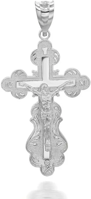 Fine 10K White Gold Crucifix Jesus Christ on the Eastern Orthodox IC XC NIKA Cross Pendant Necklace with with Rolo Chain and Pendant only