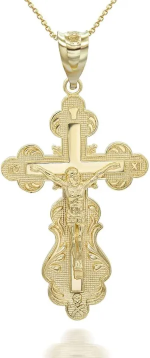 Fine 10K Yellow Gold Crucifix Jesus Christ on the Eastern Orthodox IC XC NIKA Cross Pendant Necklace with with Rolo Chain and Pendant only