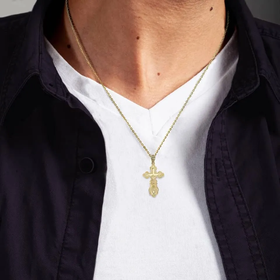 Fine 10K Yellow Gold Crucifix Jesus Christ on the Eastern Orthodox IC XC NIKA Cross Pendant Necklace with with Rolo Chain and Pendant only