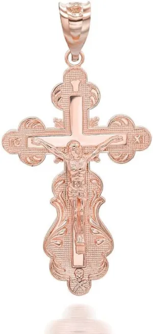 Fine 14K Rose Gold Crucifix Jesus Christ on the Eastern Orthodox IC XC NIKA Cross Pendant Necklace with with Rolo Chain and Pendant only