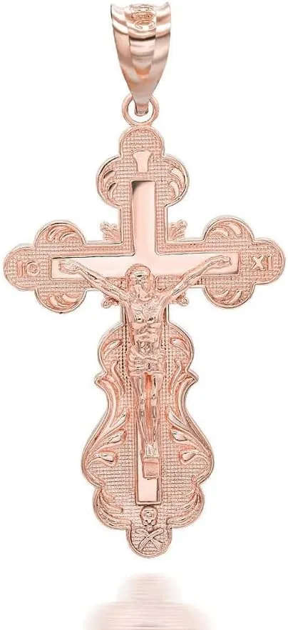 Fine 14K Rose Gold Crucifix Jesus Christ on the Eastern Orthodox IC XC NIKA Cross Pendant Necklace with with Rolo Chain and Pendant only