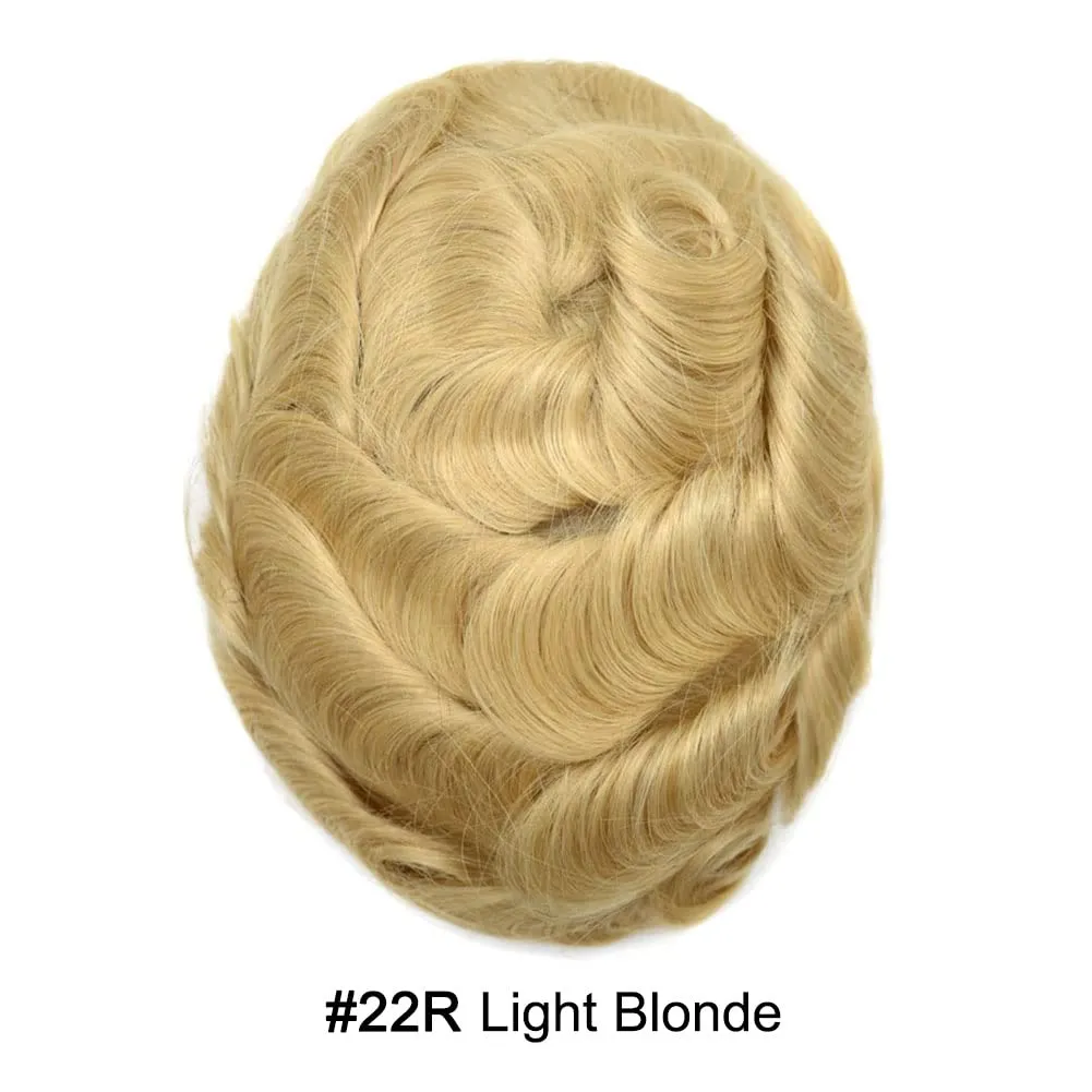 Fine Mono Mens Hair System Pu Around Mens Toupee Hair Replacement for Men Soft Human Hair Piece (7"X9", #22R Light Blonde)