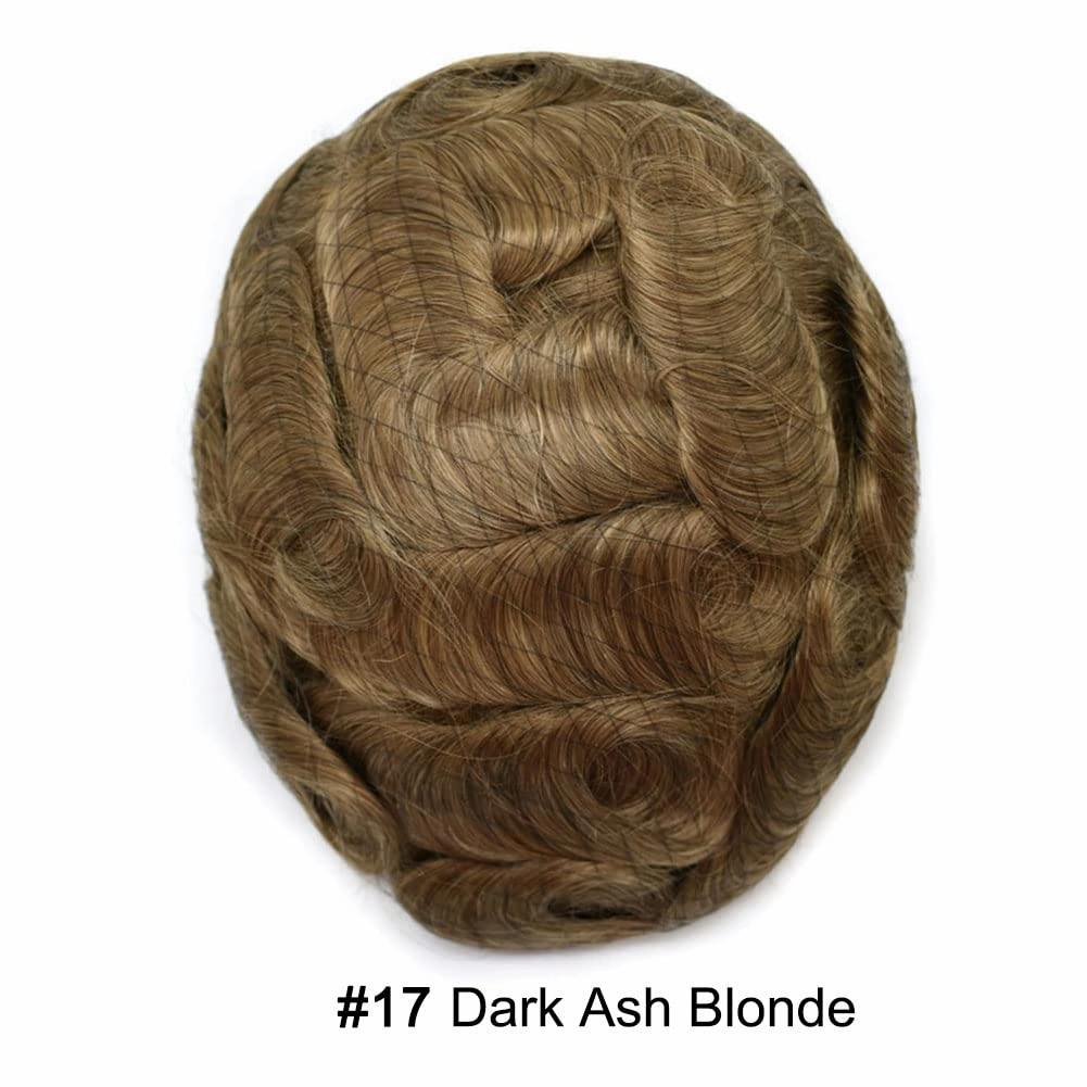 Fine Mono Mens Hair System Pu Around Mens Toupee Hair Replacement for Men Soft Human Hair Piece (7"X9", #17 Dark Ash Blodne)