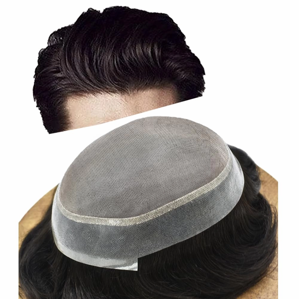 Fine Mono Mens Hair System Pu Around Mens Toupee Hair Replacement for Men Soft Human Hair Piece (7"X9", #17 Dark Ash Blodne)