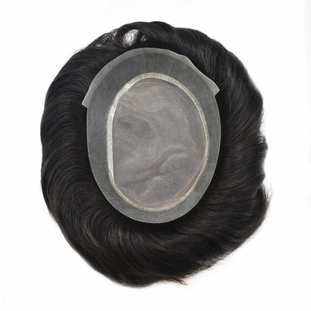 Fine Mono Mens Hair System Pu Around Mens Toupee Hair Replacement for Men Soft Human Hair Piece 8"X10", #1B10 Off Black with 10% Gray
