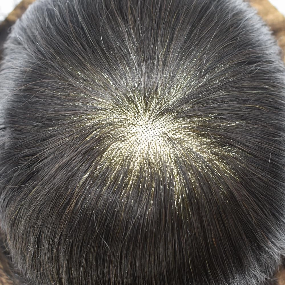 Fine Mono Mens Hair System Pu Around Mens Toupee Hair Replacement for Men Soft Human Hair Piece 8"X10", #1B10 Off Black with 10% Gray