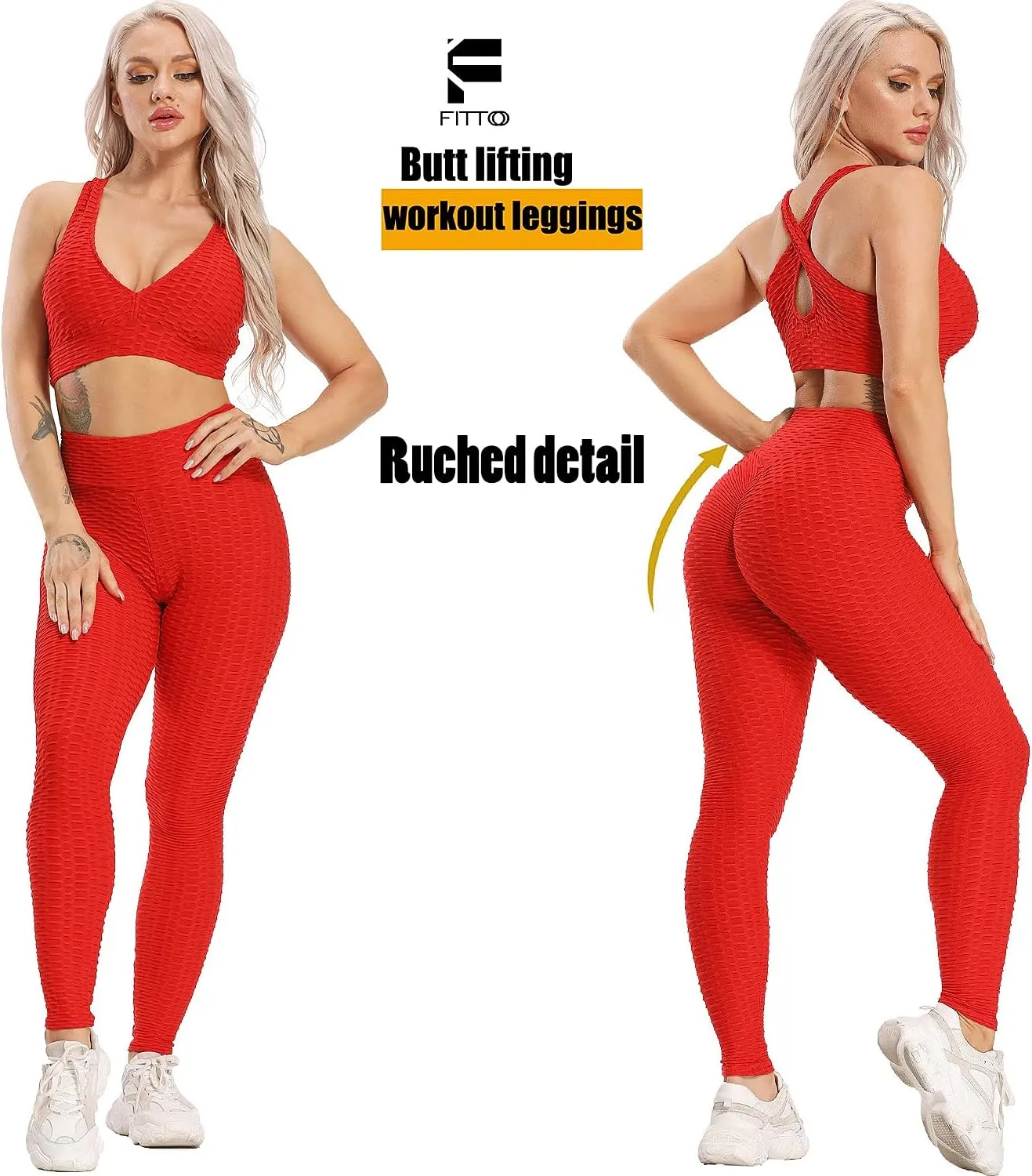 FITTOO Womens High Waist Textured Workout Leggings Booty Scrunch Yoga Pants Slimming Ruched Tights