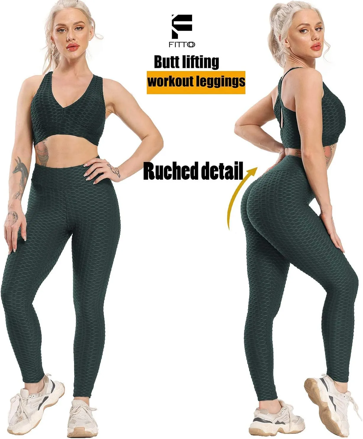 FITTOO Womens High Waist Textured Workout Leggings Booty Scrunch Yoga Pants Slimming Ruched Tights
