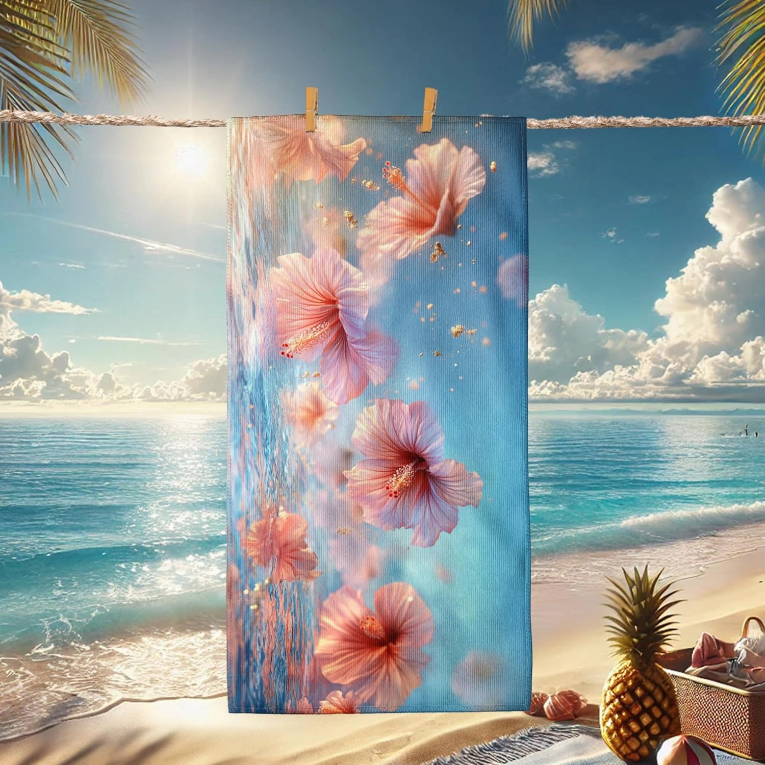 Floral Paradise Microfiber Beach Towel Peach Hibiscus Flowers Quick Dry Absorbent Sand Free Lightweight Swim Blanket, Beach Pool Picnic Essentials 70x35 Inch