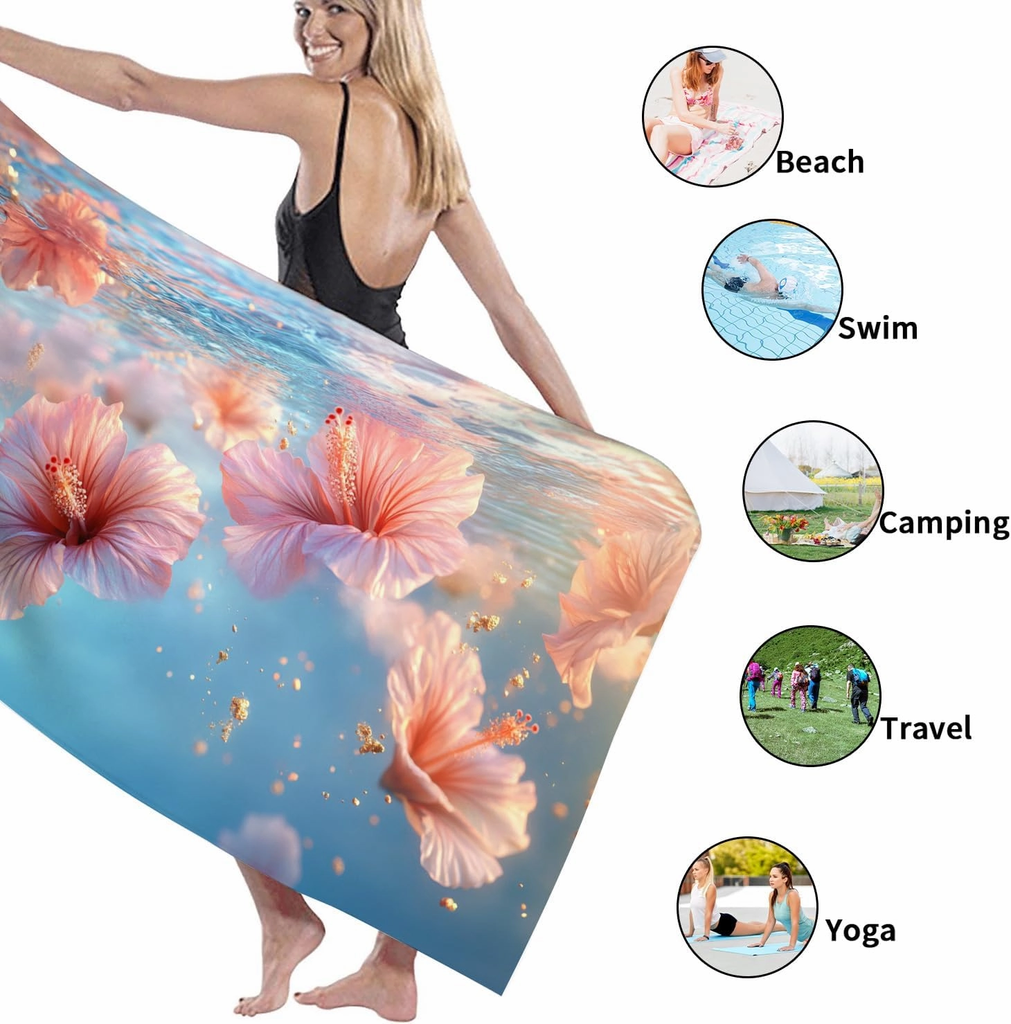 Floral Paradise Microfiber Beach Towel Peach Hibiscus Flowers Quick Dry Absorbent Sand Free Lightweight Swim Blanket, Beach Pool Picnic Essentials 70x35 Inch