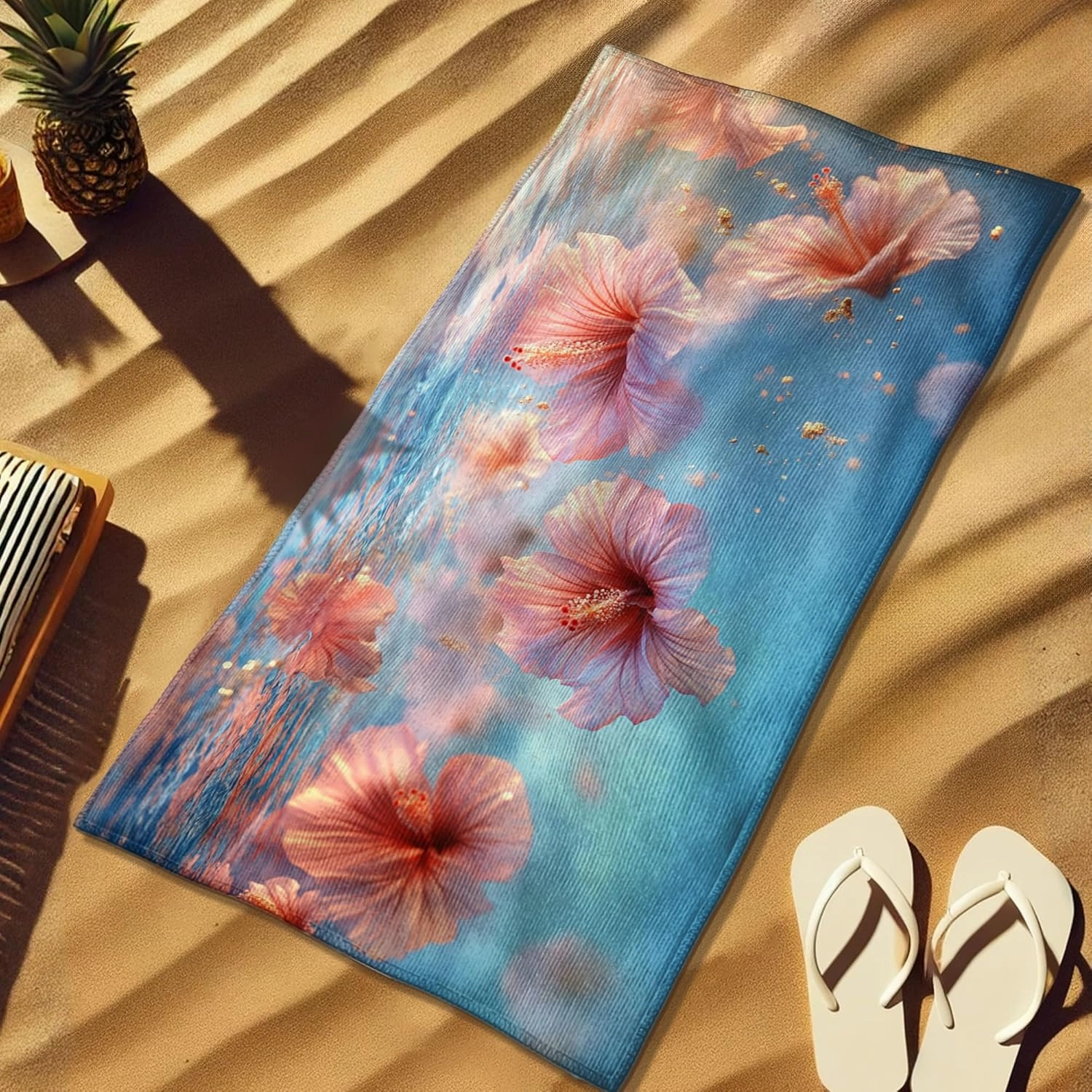 Floral Paradise Microfiber Beach Towel Peach Hibiscus Flowers Quick Dry Absorbent Sand Free Lightweight Swim Blanket, Beach Pool Picnic Essentials 70x35 Inch
