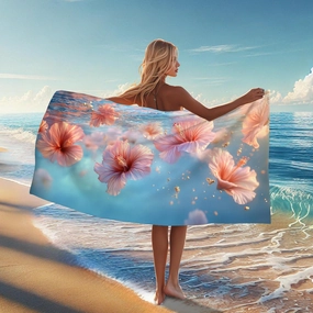 Floral Paradise Microfiber Beach Towel Peach Hibiscus Flowers Quick Dry Absorbent Sand Free Lightweight Swim Blanket, Beach Pool Picnic Essentials 70x35 Inch