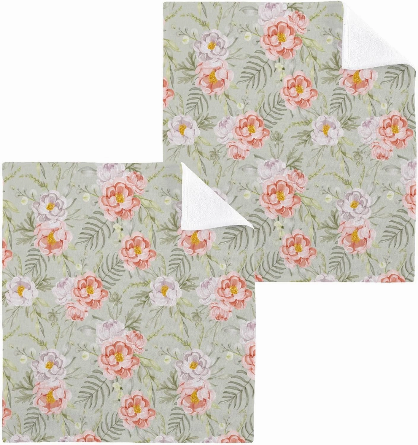 Flowers-Peach-White-Leaves Cotton Bath Washcloths, Highly Absorbent Soft Face Cloths, Wash Cloth Set of 2, 12 x 12 Inch.