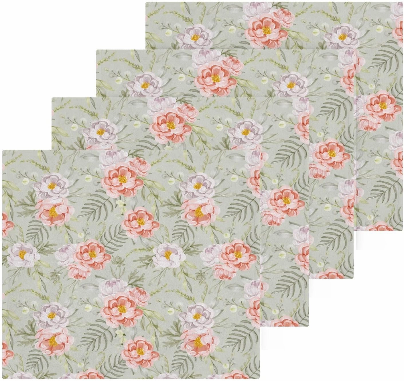 Flowers-Peach-White-Leaves Cotton Bath Washcloths, Highly Absorbent Soft Face Cloths, Wash Cloth Set of 2, 12 x 12 Inch.