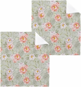 Flowers-Peach-White-Leaves Cotton Bath Washcloths, Highly Absorbent Soft Face Cloths, Wash Cloth Set of 2, 12 x 12 Inch.