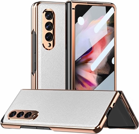 for Samsung Galaxy Z Fold 3 Case [ Electroplated Frame ] Leather Back, Built in Screen Protector, Ultra Thin and Slim, Wireless Charging, Grip Easy, Phone Cover 5G 2021, White