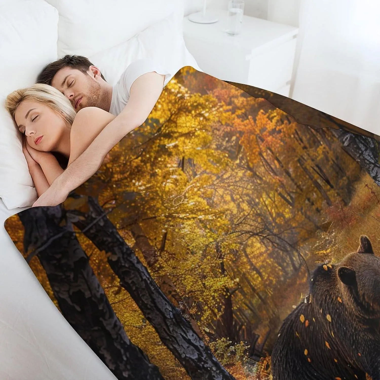 Forest Bear Flannel Throw Blanket, Soft Cozy Warm Fleece Yellow Tree Leaves Stream Jungle Animal Blanket for Couch Sofa Bed, 60x80 Inch