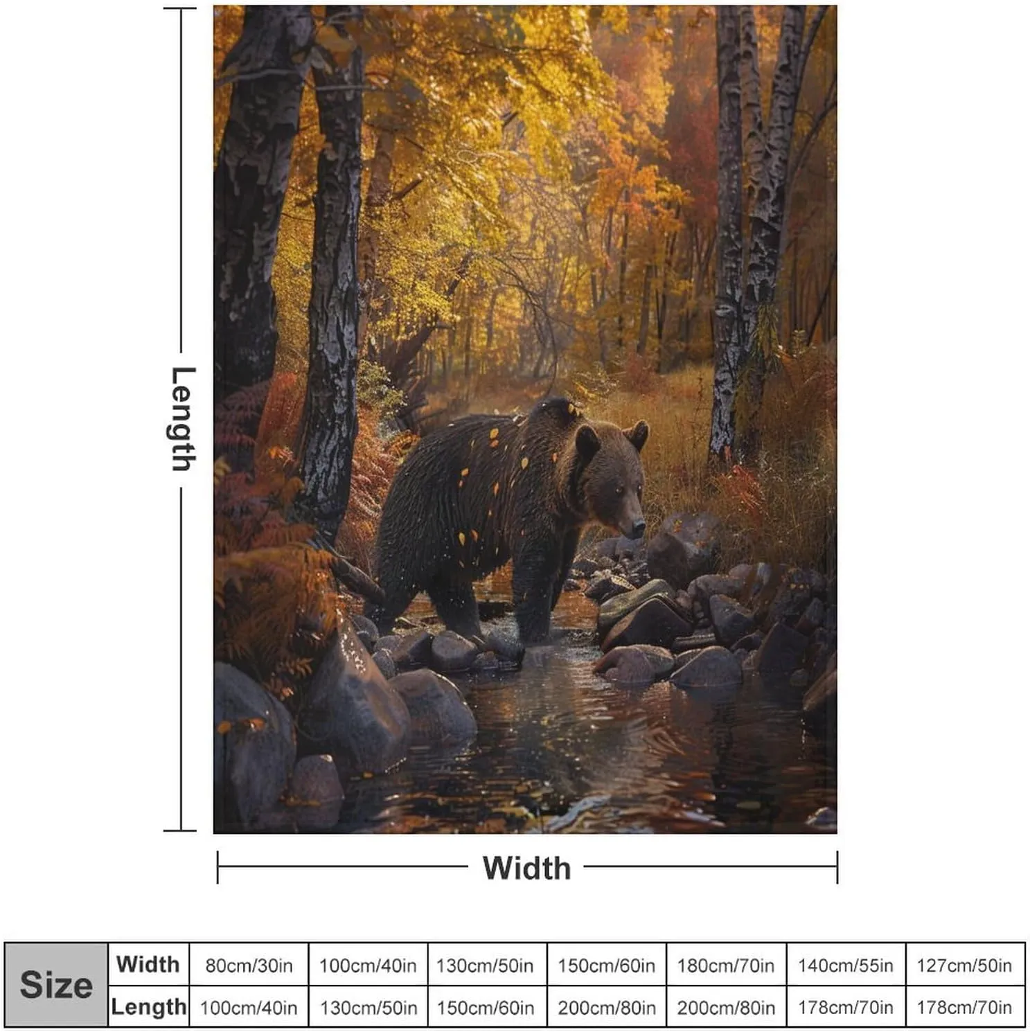 Forest Bear Flannel Throw Blanket, Soft Cozy Warm Fleece Yellow Tree Leaves Stream Jungle Animal Blanket for Couch Sofa Bed, 60x80 Inch