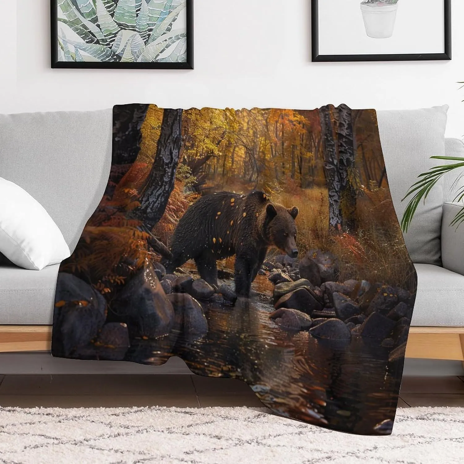 Forest Bear Flannel Throw Blanket, Soft Cozy Warm Fleece Yellow Tree Leaves Stream Jungle Animal Blanket for Couch Sofa Bed, 60x80 Inch