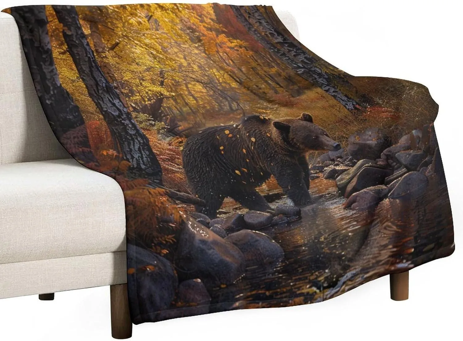 Forest Bear Flannel Throw Blanket, Soft Cozy Warm Fleece Yellow Tree Leaves Stream Jungle Animal Blanket for Couch Sofa Bed, 60x80 Inch