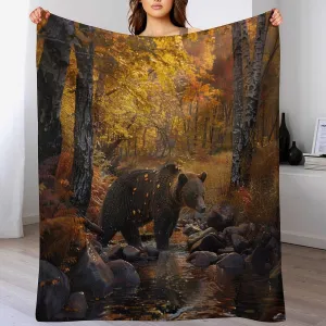 Forest Bear Flannel Throw Blanket, Soft Cozy Warm Fleece Yellow Tree Leaves Stream Jungle Animal Blanket for Couch Sofa Bed, 60x80 Inch