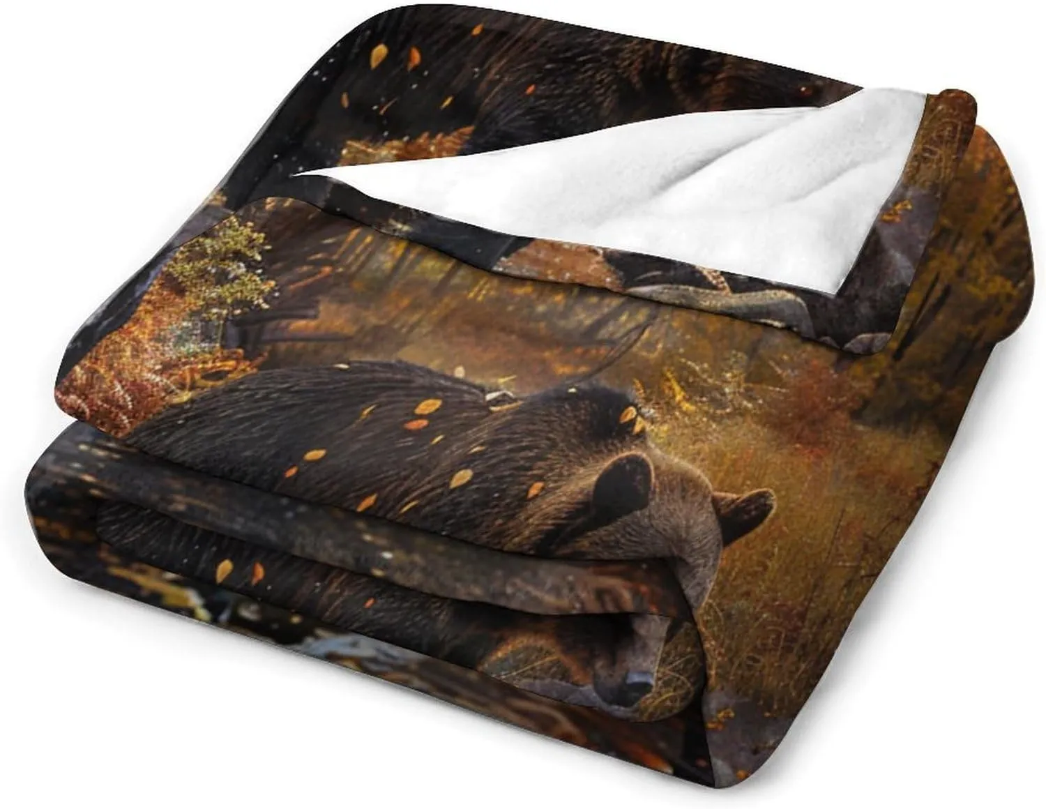 Forest Bear Flannel Throw Blanket, Soft Cozy Warm Fleece Yellow Tree Leaves Stream Jungle Animal Blanket for Couch Sofa Bed, 60x80 Inch