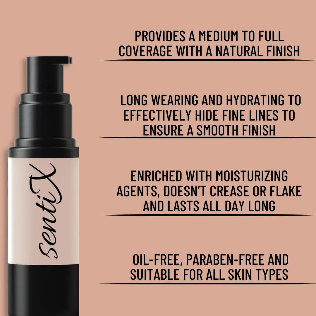 Foundation By SentiX cosmetics, Warm Undertone, Oil-Free, HD Liquid, Natural Finish, Long Wearing, Smooth Finish, Blendable, Buildable, Vibrant, Moisturizing, Paraben-Free, 1 fl oz.
