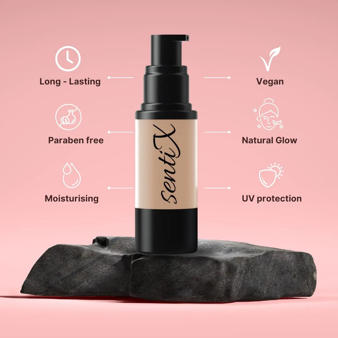 Foundation By SentiX cosmetics, Warm Undertone, Oil-Free, HD Liquid, Natural Finish, Long Wearing, Smooth Finish, Blendable, Buildable, Vibrant, Moisturizing, Paraben-Free, 1 fl oz.
