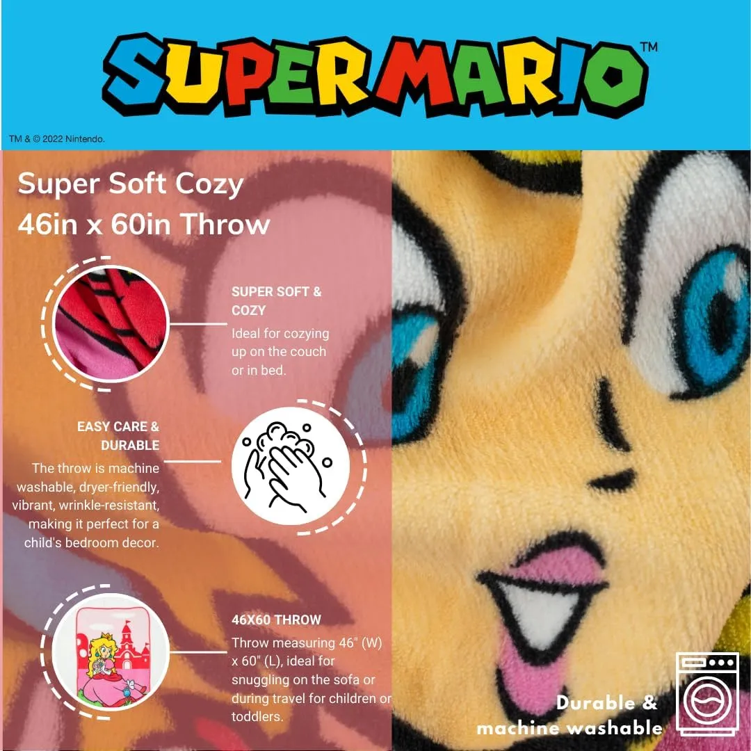 Franco Super Mario Girl Princess Peach Gaming Kids Bedding Super Soft Plush Throw Blanket, 46 in x 60 in, (Officially Licensed Product)