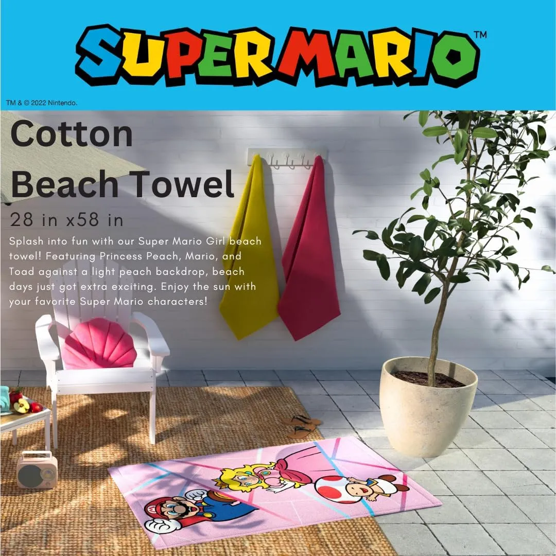 Franco Super Mario Girl Princess Peach Kids Super Soft Cotton Bath/Pool/Beach Towel, 58 in x 28 in, (Officially Licensed Product)